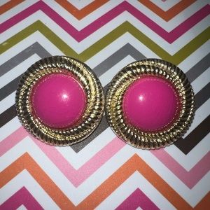 Vintage Bright Pink and Gold Round Clip On Earrings